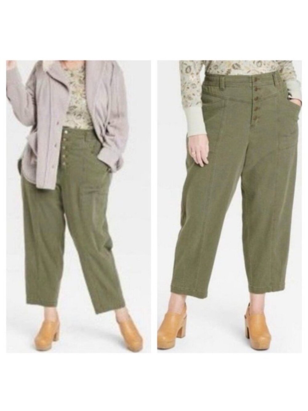 Knox Rose Womens Olive Green High Rise Button Fly Tapered Cropped Pants MEDIUM